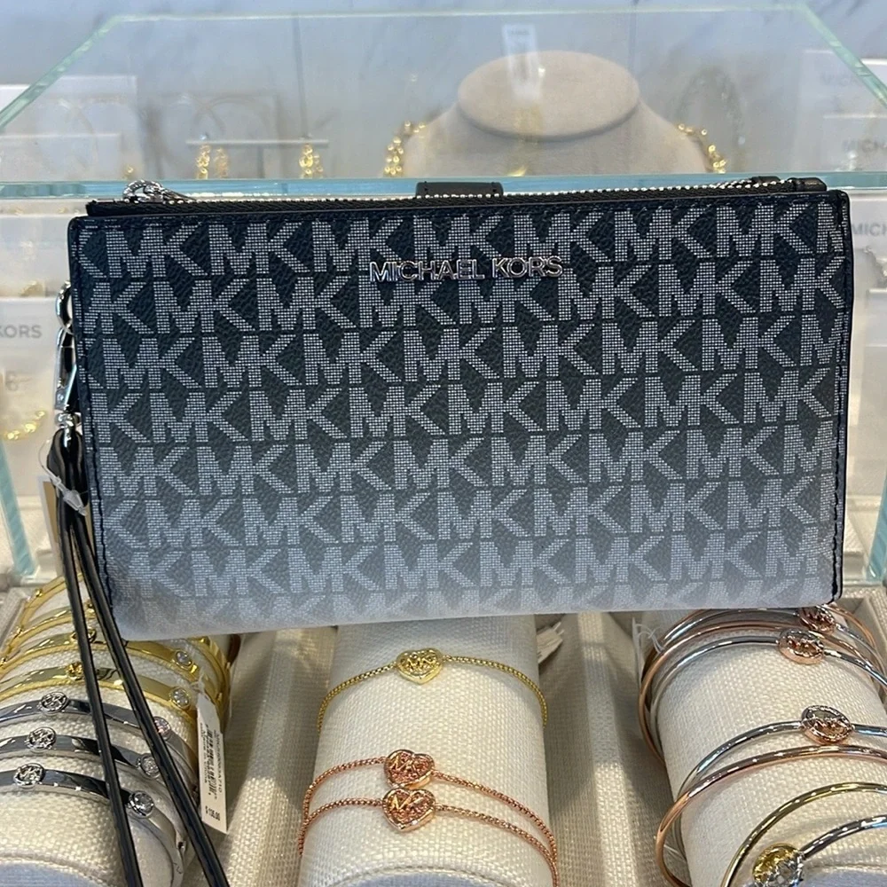 Michael Kors Jet Set Large Ombré Signature Logo Wristlet Wallet Phone BLACK NWT